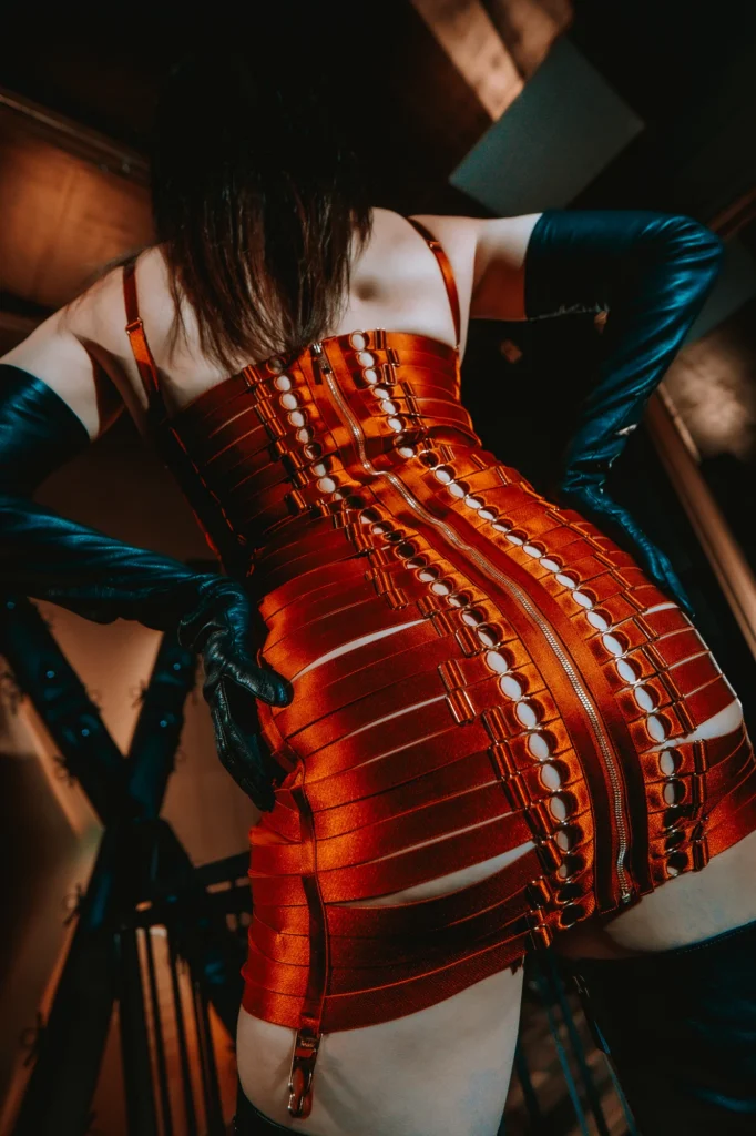 Detail of Lady Vyra wearing red Bordelle lingerie